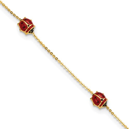 14k Polished Enameled Ladybugs 6.5in w/.75in ext. Bracelet