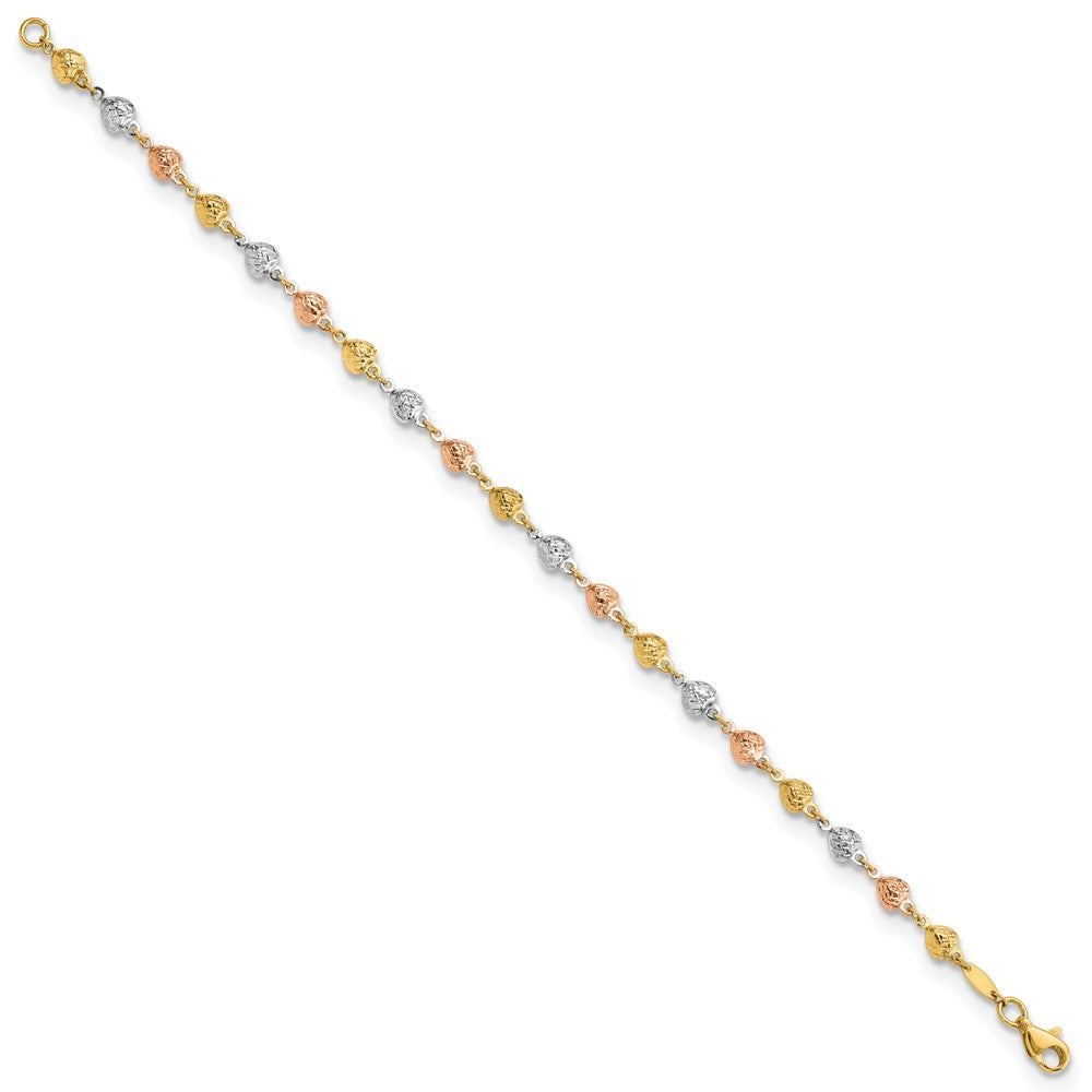 14K Tri-color Polished Diamond-Cut Hearts 7.5in Bracelet