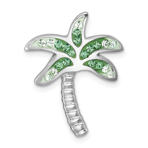 Sterling Silver Rhodium-Plated Polished Green Crystal Palm Tree Chain Slide