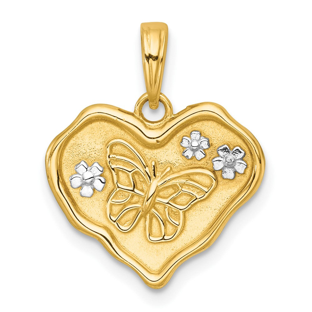 14k with White Rhodium Polished And Brushed Butterfly In Heart Charm