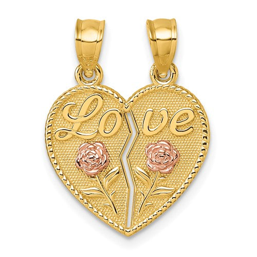 14k Two-tone Break Apart Heart With Love And Roses Pendant