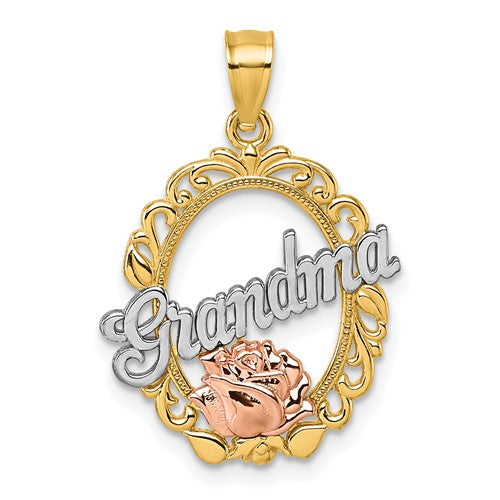 14k Two-tone & White Rhodium Polished Grandma Rose Oval Pendant