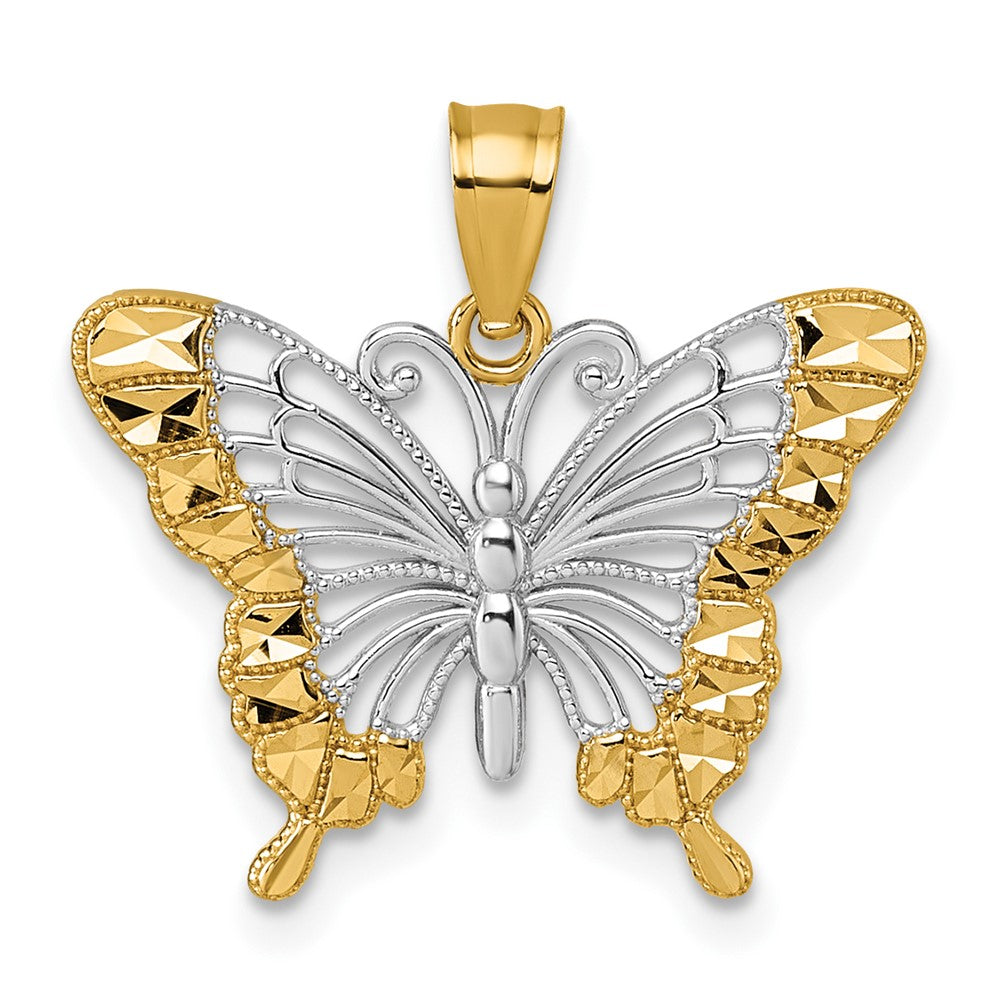 14k & Rhodium Diamond Cut Polished Butterfly Pendant