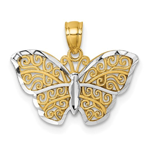 14k Polished w/Rhodium Diamond-cut Filigree Butterfly Pendant