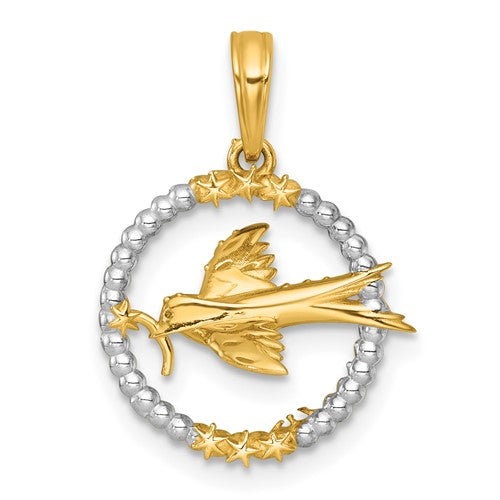 14k with White Rhodium Polished Flying Bird In Circle With Stars Charm