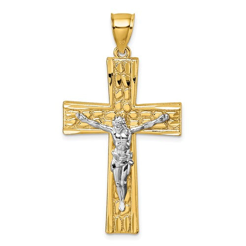 14k w/Rhodium  Polished and Diamond-cut Crucifix Pendant