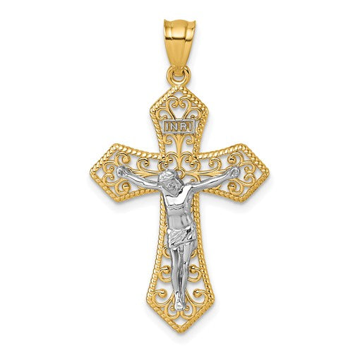 14k Two-tone Polished And Beaded Fancy Crucifix Pendant