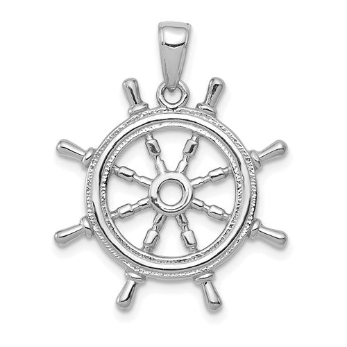 14K White Gold 3D Ships Wheel Pendant