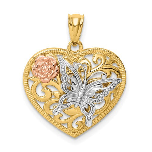 14k Tri color Butterfly Heart Pendant