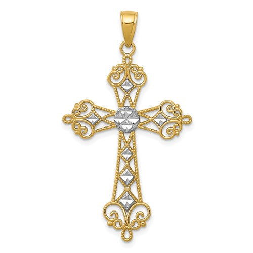 14K w/Rhodium Polished Diamond-Cut Cut-Out Cross Pendant