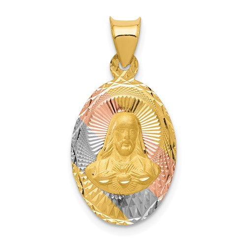 14K w/Rose and White Rhodium D/C Sagrado Corazon Oval Pendant