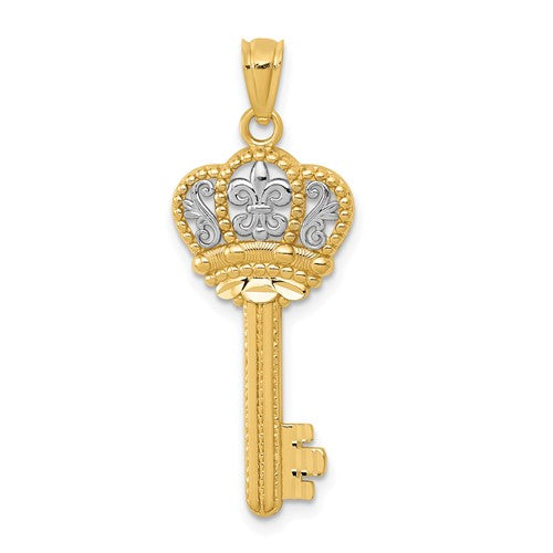 14K w/White Rhodium Polished Fleur De Lis Crown Key Charm