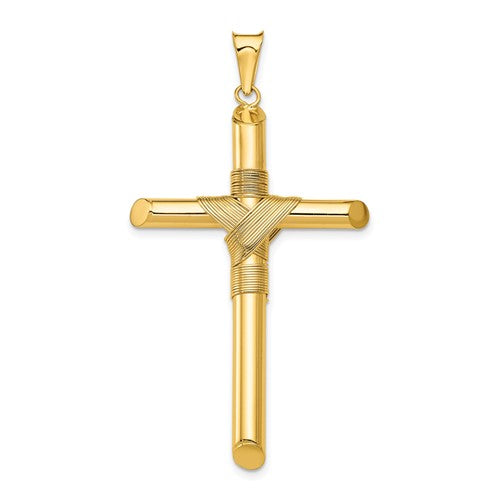 14K Polished w/Center Wrap Tube Cross Pendant