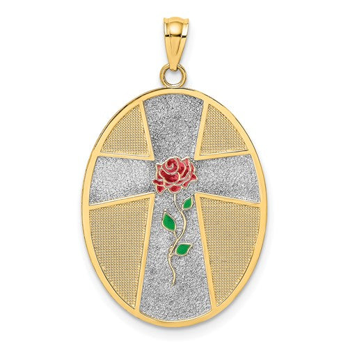 14K w/ Rhodium Enamel Rose Serenity Prayer Oval Disc Charm