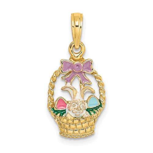 14K Enameled Easter Basket w/Bunny, Bow and Eggs Charm