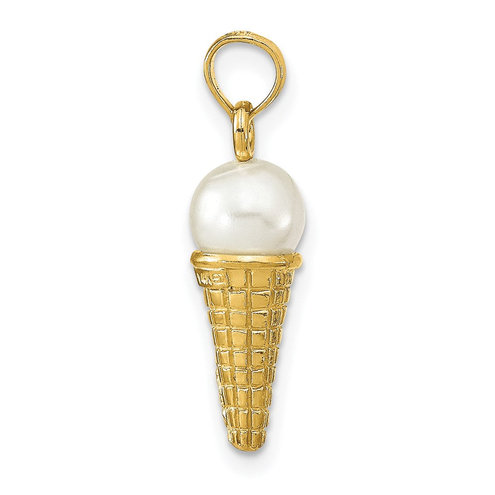 14K Satin Polished 3D  White Bead Ice Cream Cone Pendant