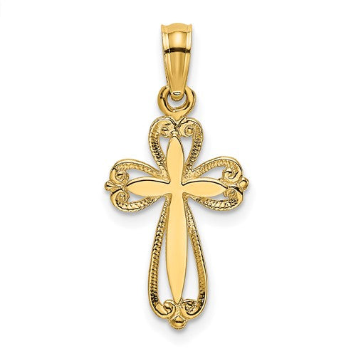 14K Polished and Cut-Out Engraved Cross Charm