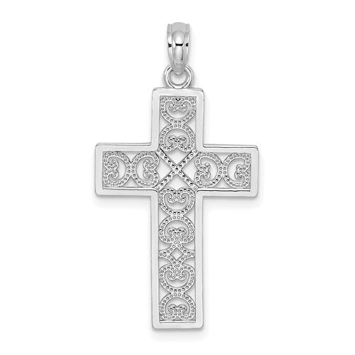 14K White Gold Polished Square Cross w/ Heart Design Charm
