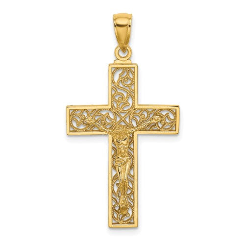 14K Textured Swirl Design Crucifix Charm