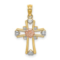 14K Two-tone w/White Rhodium Cross w/Flower and Heart Charm