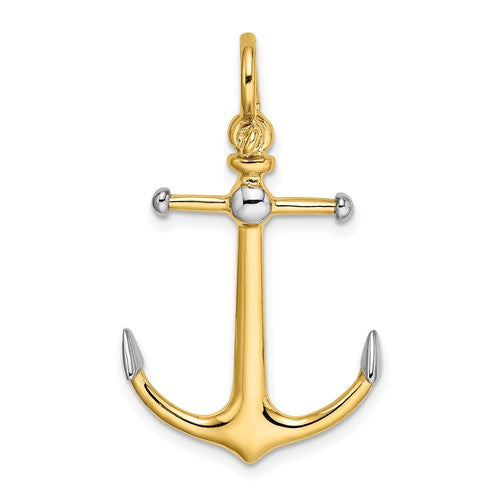14K w/Rhodium 3-D Anchor w/Long T Bar and Shackle Bail Charm