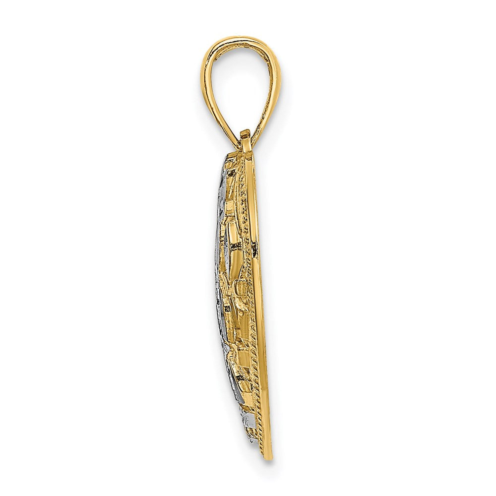 14k w/Rhodium Diamond-cut Leaves In Heart Charm