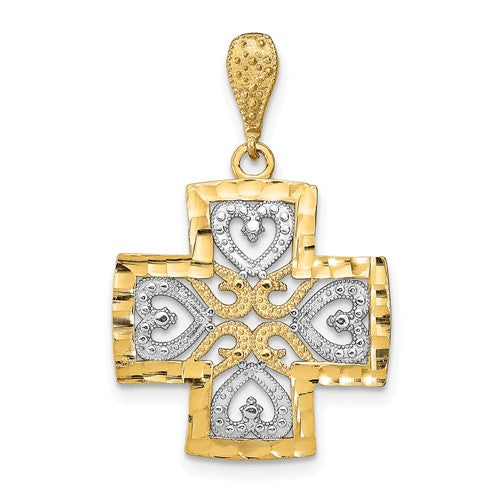 14K w/Rhodium D/C Heart Cross Charm