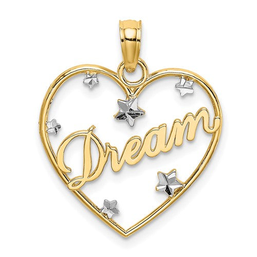 14k w/Rhodium Diamond-cut DREAM  Heart with Stars Charm