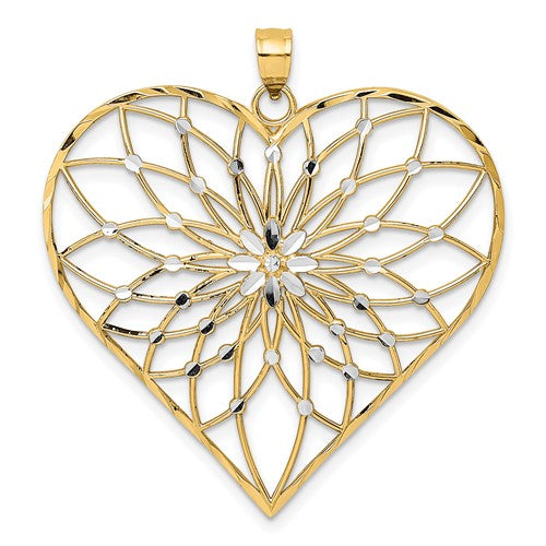 14k with White Rhodium Diamond-cut Large Filigree Heart Pendant