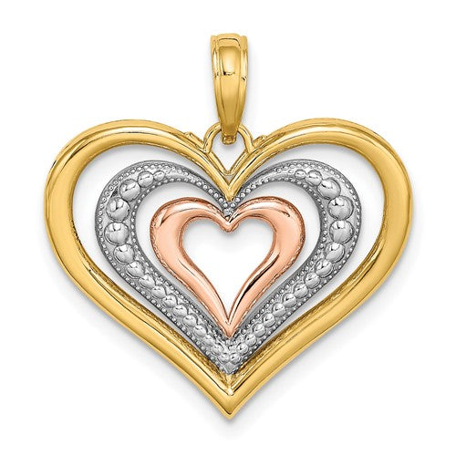 14k Two-tone White Rhodium Textured and Polished Triple Hearts Charm