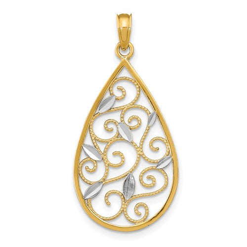 14K w/Rhodium Beaded Filigree D/C Teardrop Charm