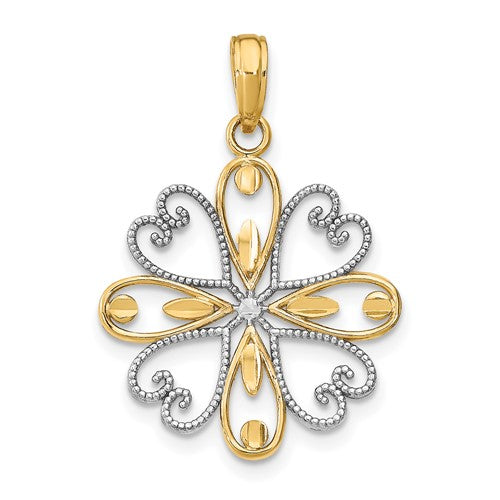 14K w/Rhodium Beaded Heart Petals Flower Charm