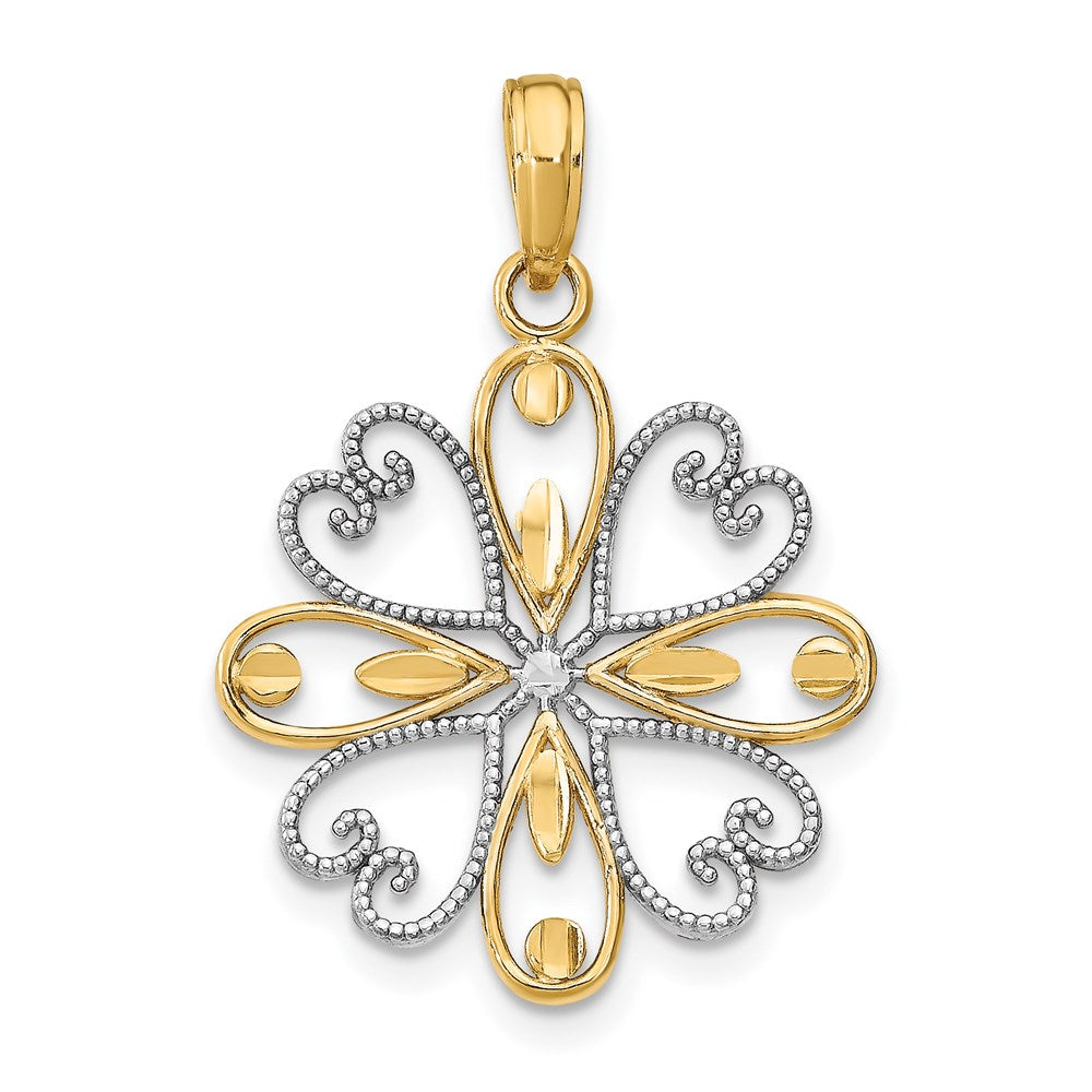 14K w/Rhodium Beaded Heart Petals Flower Charm