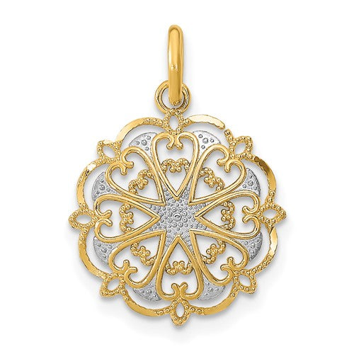14K w/Rhodium and D/C Filigree Heart Round Charm