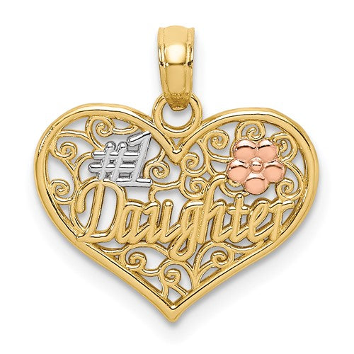 14k Two-tone White Rhodium  #1 DAUGHTER In Heart w/ Flowers Charm