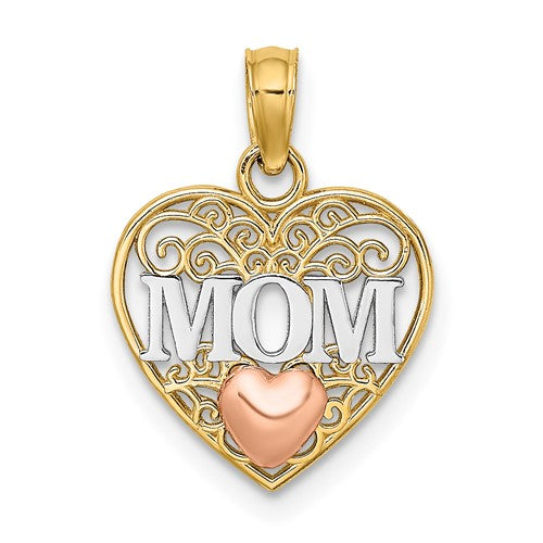 14K Two-tone w/White Rhodium Polished MOM  in Heart Pendant