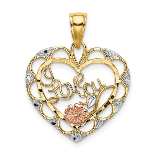 14k Two-one w/White Rhodium I LOVE YOU Heart w/ Flower Charm