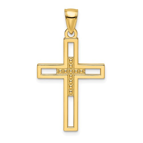 14k Beaded & Polished Double Cross Pendant