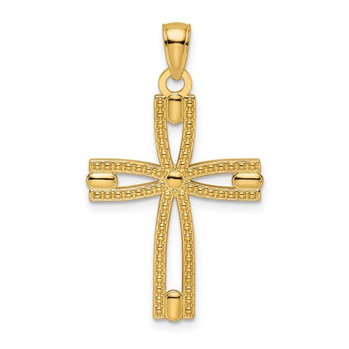 14k Beaded & Polished Cross Pendant