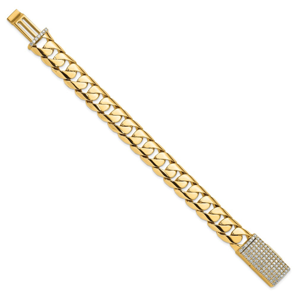 14k 15.4mm Hand-polished Rounded Curb Link Diamond Clasp Bracelet