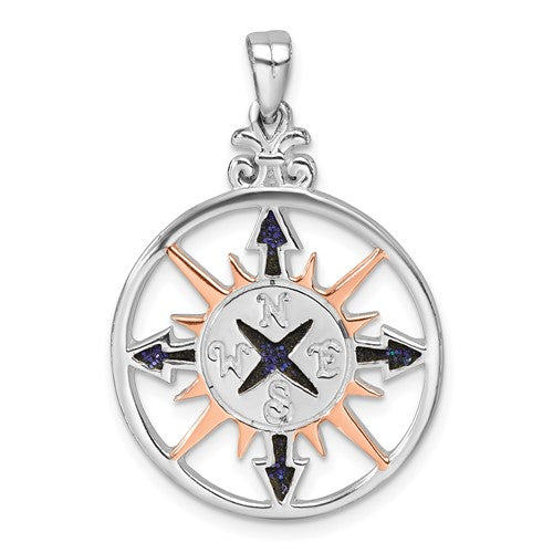 Sterling Silver Rhodium-plated Polished Enameled Compass Rose-tone Pendant