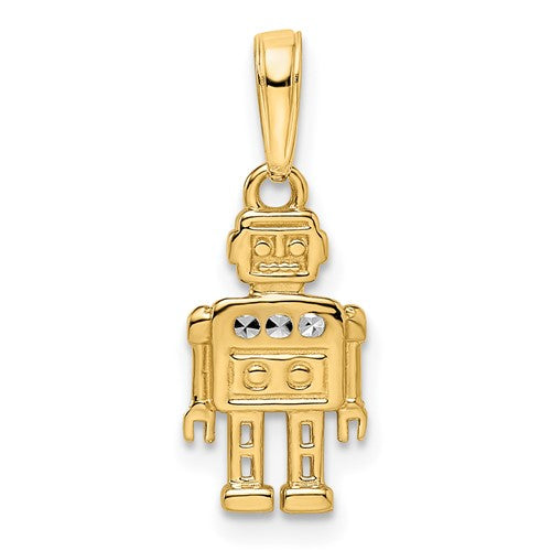 14k w/ White Rhodium Diamond-cut Robot Pendant