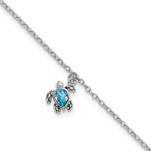 Sterling Silver Rhodium-Plated Preciosa Crystal Turtle 9 +1in Anklet