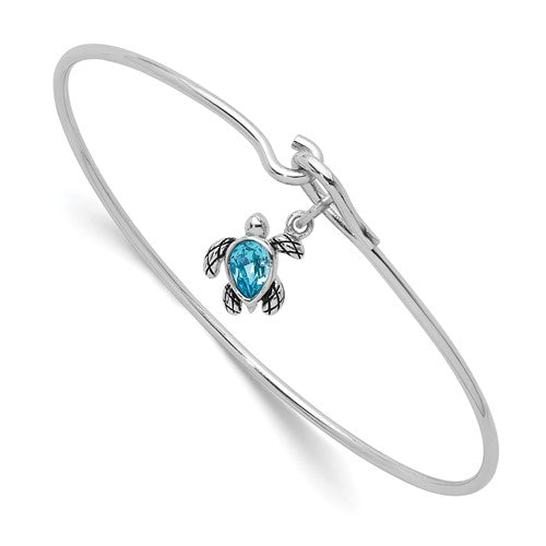 Sterling Silver Rh-plated Thin Dangle Crystal Turtle Hook Bangle