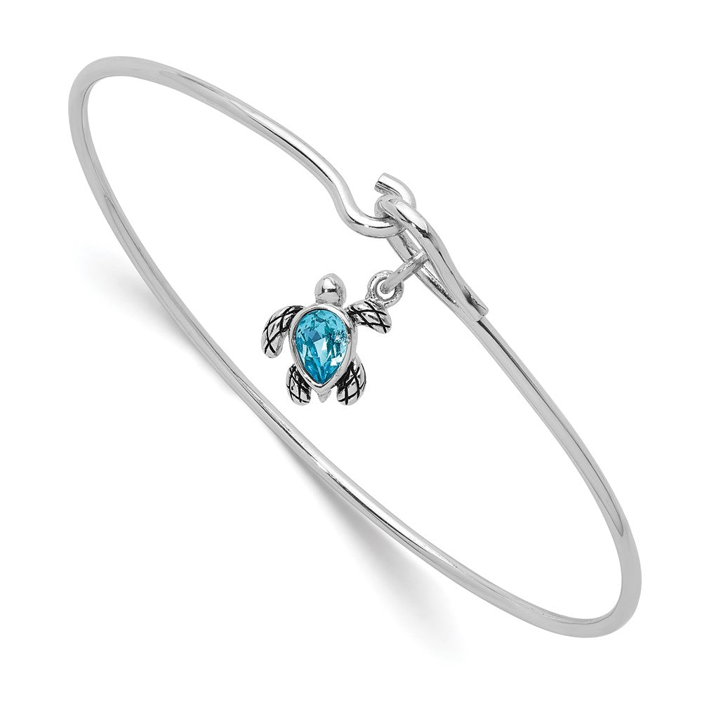 Sterling Silver Rh-plated Thin Dangle Crystal Turtle Hook Bangle