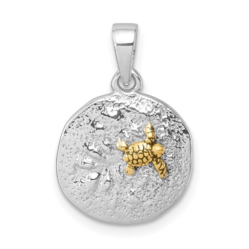 Sterling Silver Rhodium-plated Gold-tone Turtle Crawling In The Sand Pendan
