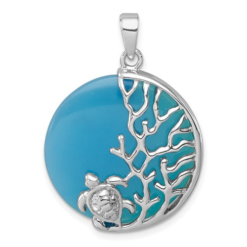 Sterling Silver Rhodium-Plated Blue Agate Turtle & Reef Round Pendant