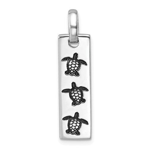 Sterling Silver Rhodium-Plated Swimming Turtles Rectangle Pendant