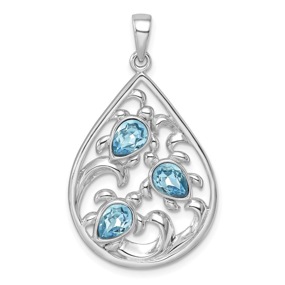 Sterling Silver Rhodium-Plated Triple Crystal Turtle Ocean Wave Pendant