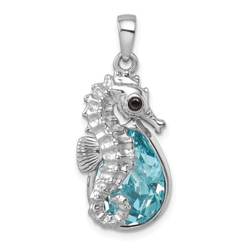 Sterling Silver Rhodium-Plated Crystal Background Seahorse Pendant